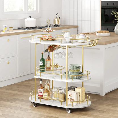 Luxury Bar Cart with Marble Shelves, Wine Rack & Glass Holder