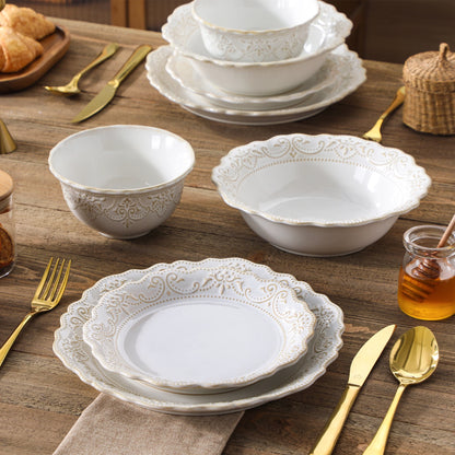 16-Piece Stoneware Dinnerware Set for 4 | Elegant Relief Design Plates & Bowls