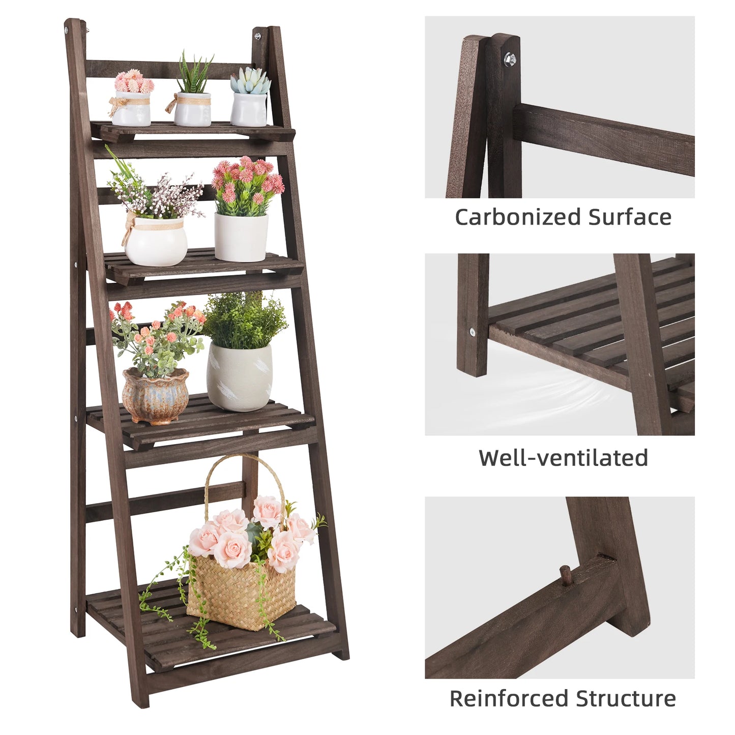 Folding 4-Tier Wooden Ladder Display Shelf