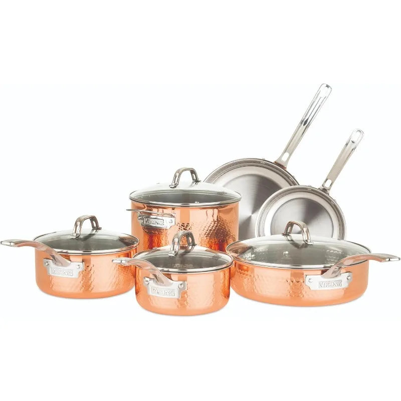10 Piece Copper Kitchen Cookware Set with Glass Lids