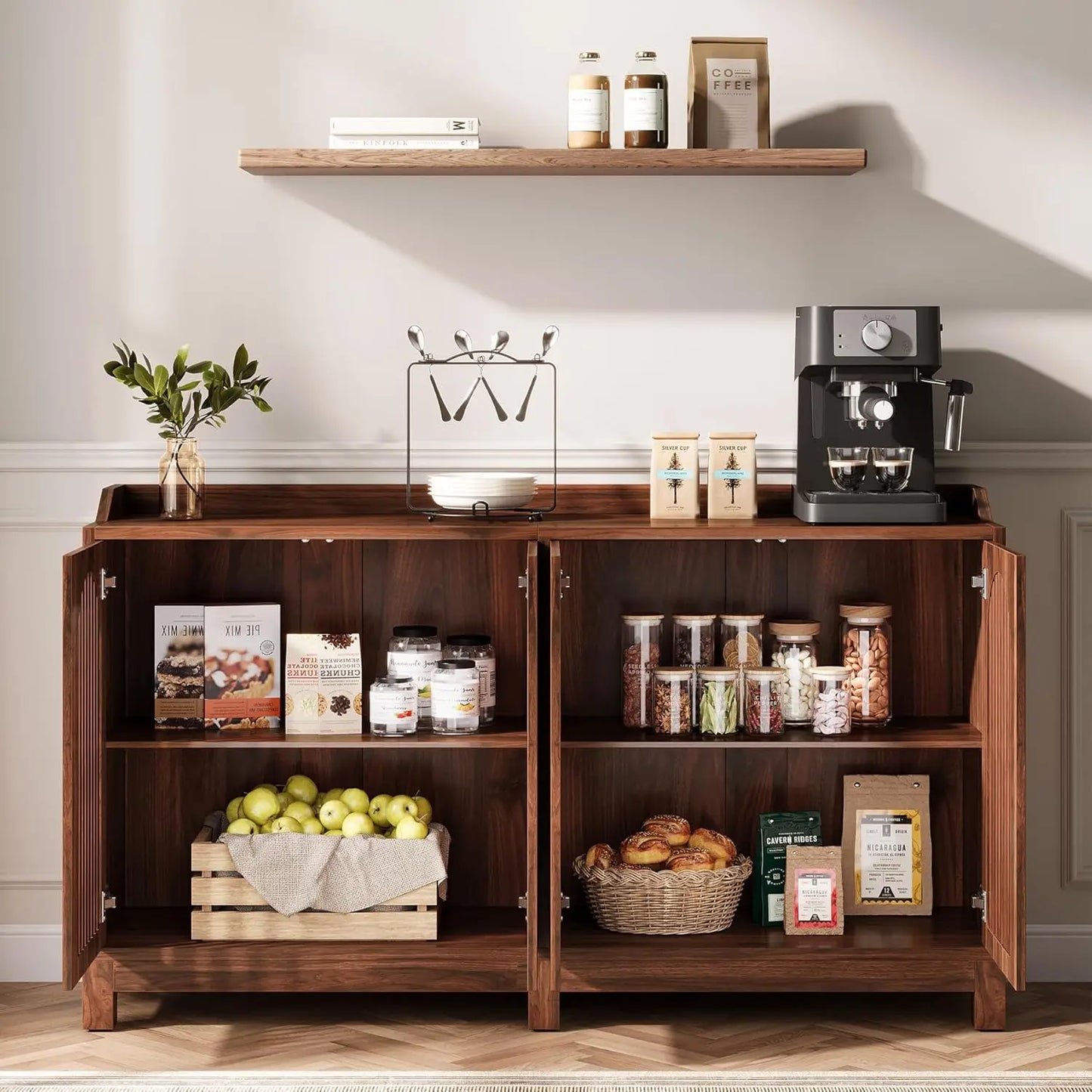 Walnut Farmhouse Style Sideboard Buffet Cabinet with Storage