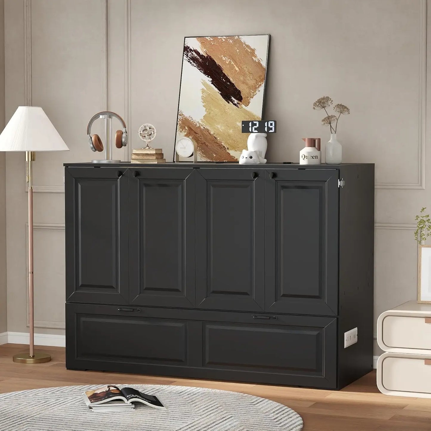 Full-Size Murphy Bed, Cabinet with Storage Plus USB Charging