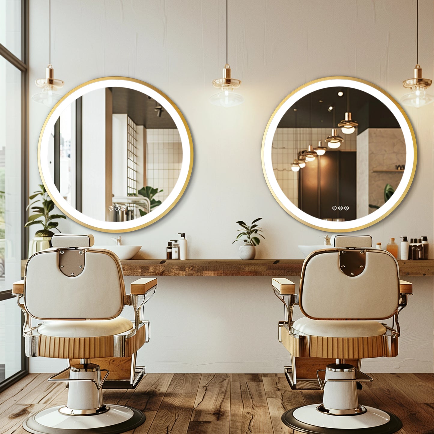 Gold-Framed Round Lighted Bathroom Mirror