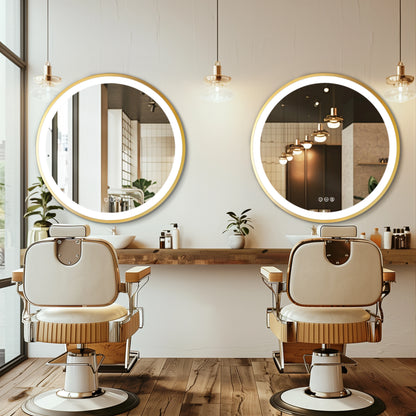 Gold-Framed Round Lighted Bathroom Mirror