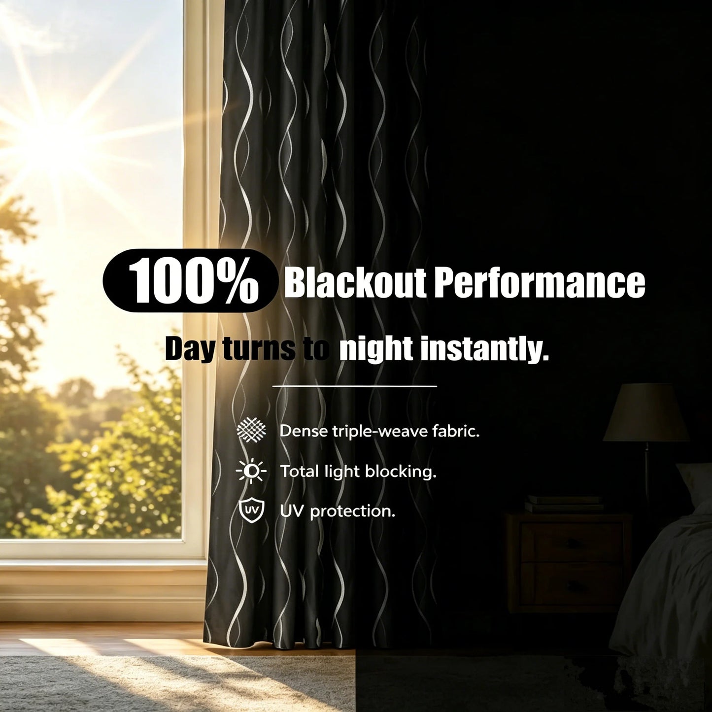 4-Panel Blackout Curtains with Silver Wave Foil Print | Thermal Insulated Drapes
