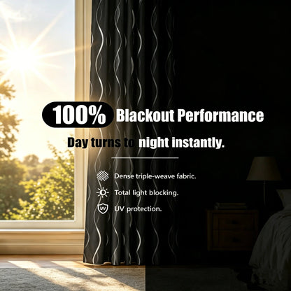 4-Panel Blackout Curtains with Silver Wave Foil Print | Thermal Insulated Drapes