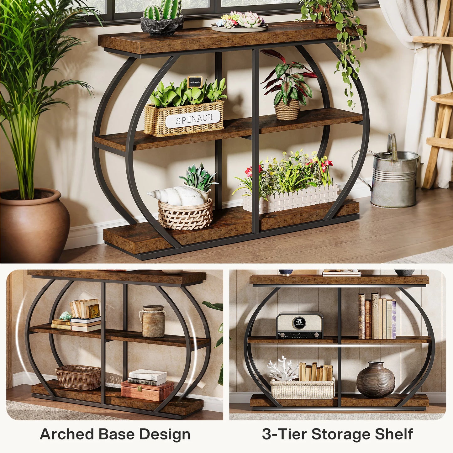 Industrial 3-Tier Console Table with Arched Metal Frame