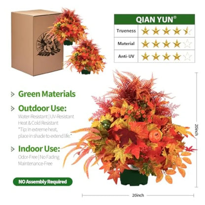 20" Artificial Fall Pumpkin & Maple Leaf Potted Plant | Autumn Outdoor Decor