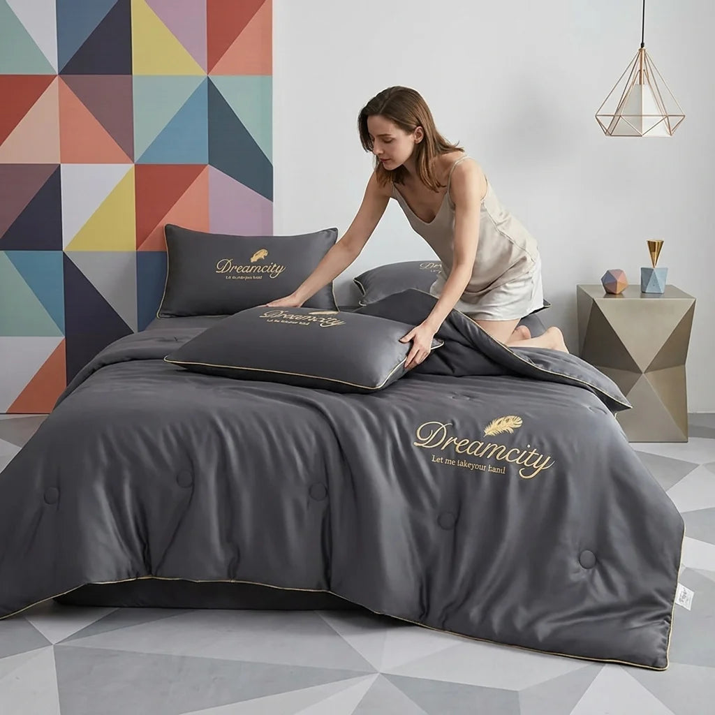 Oversized Ice Silk Summer Blanket | Cooling Lightweight Embroidered Quilt