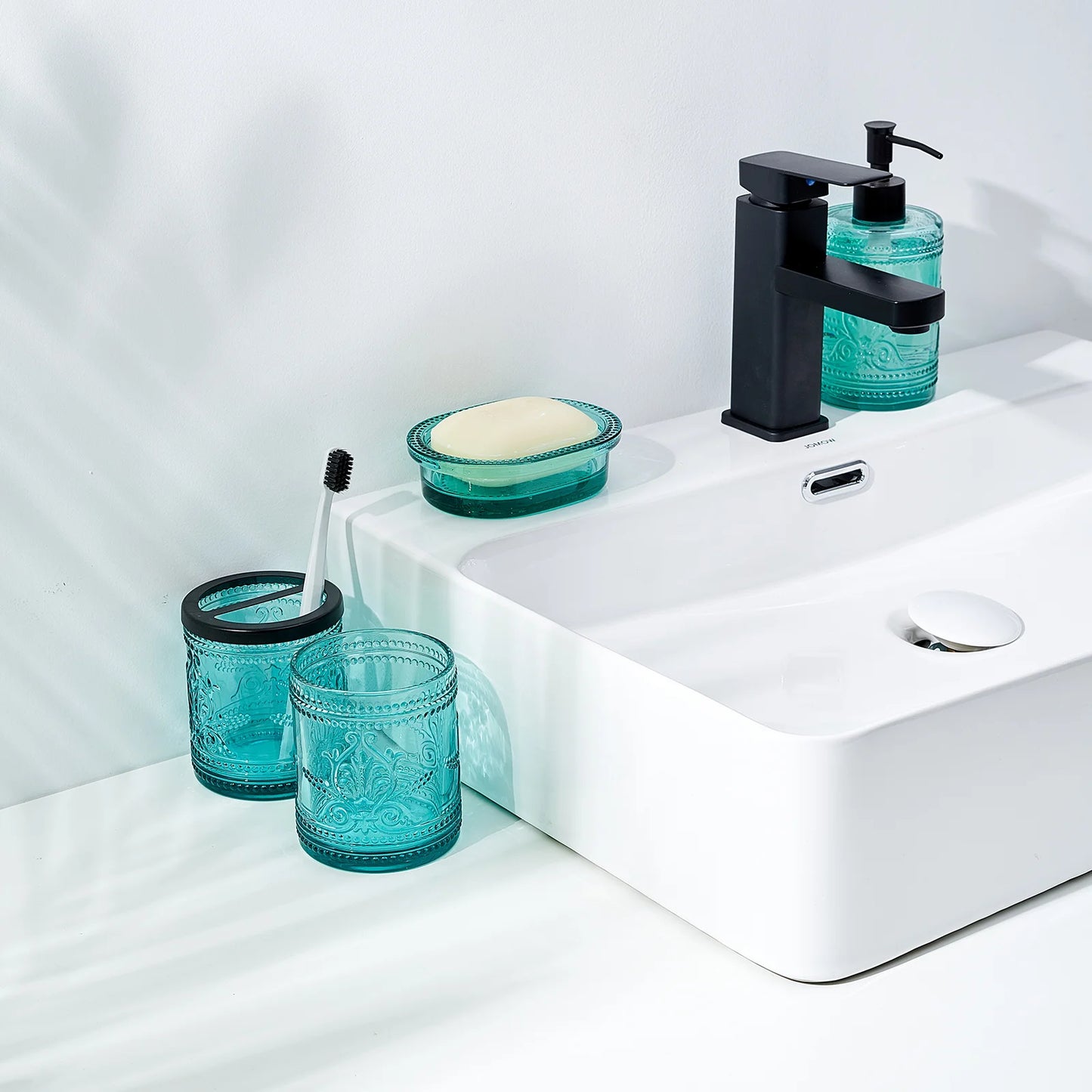 4-Piece Pressed Glass Bathroom Accessory Set | Soap Dispenser, Tumbler & Soap Dish
