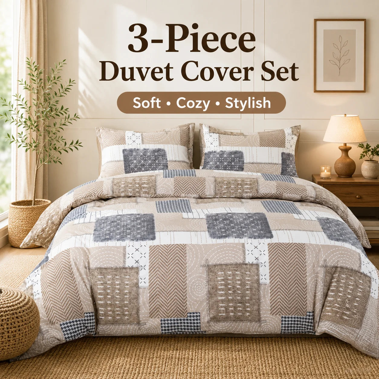 Boho Patchwork Duvet Cover Set | Soft Farmhouse Geometric Bedding