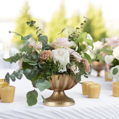 Antiqued Metal Distressed Gold Pedestal Vases
