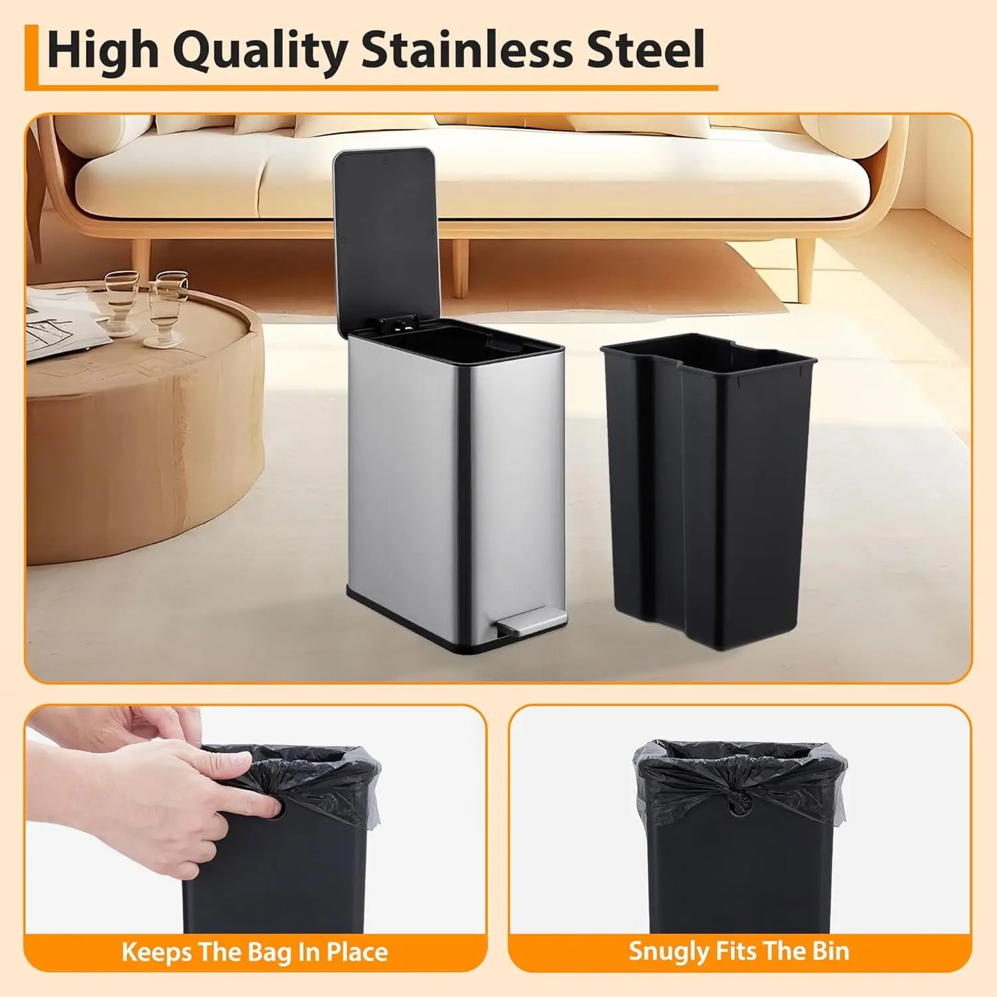 Stainless Steel Soft Close Trash Can with Pedal