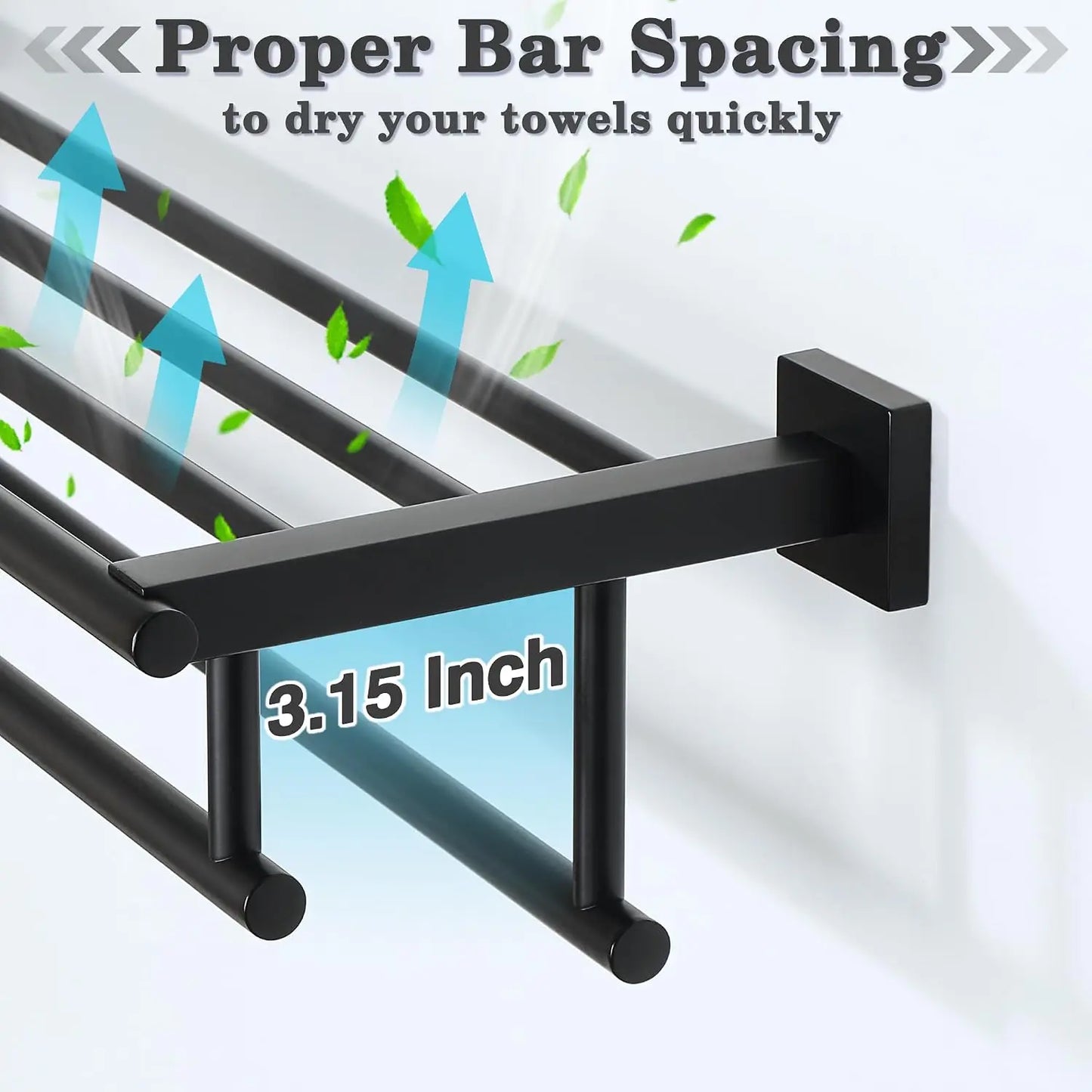 24-Inch Double Towel Rack with Shelf | Matte Black Bathroom Towel Holder