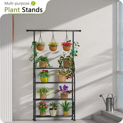 4-Tier Metal Plant Stand with Hanging Hooks
