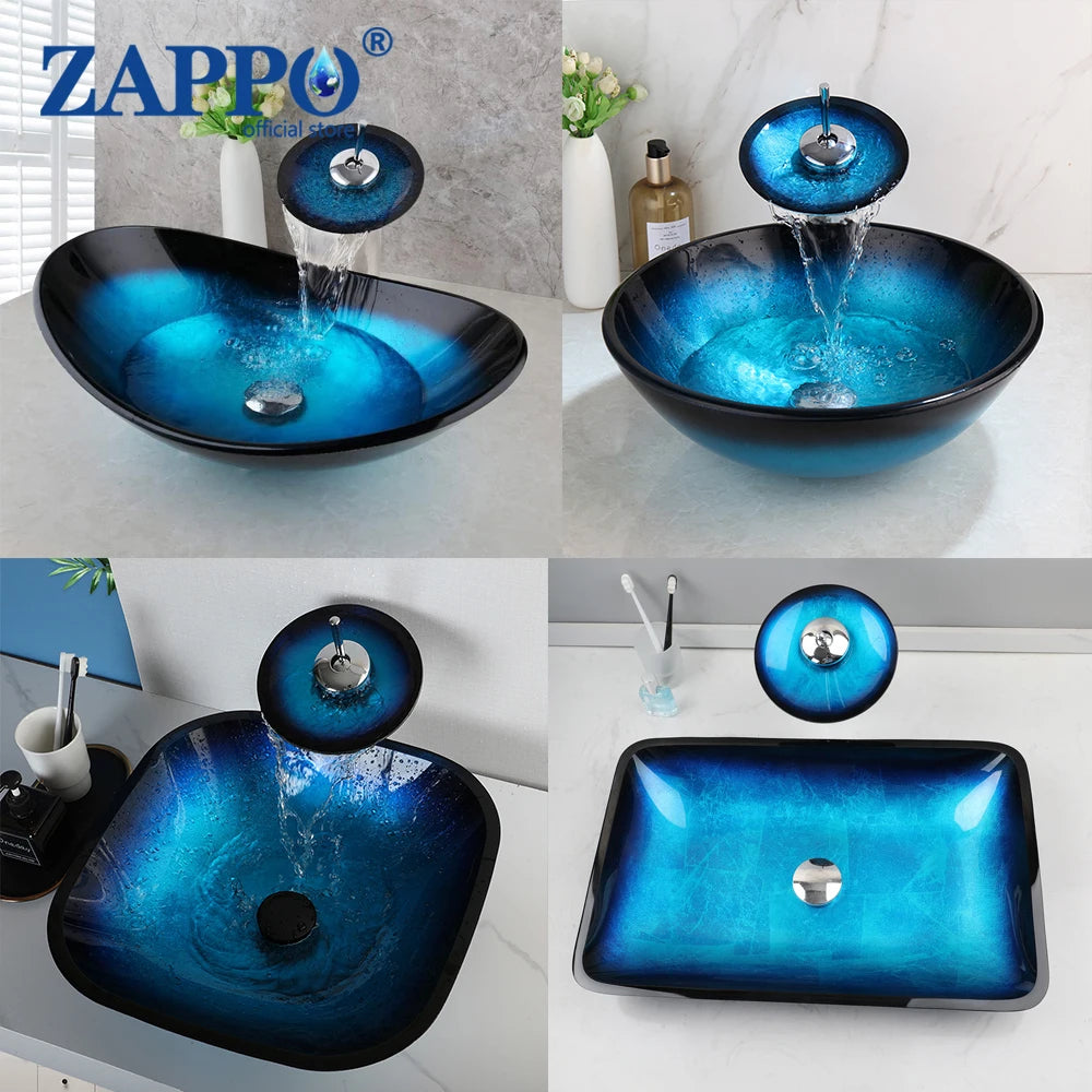 Tempered Glass Vessel Sink with Waterfall Black Faucet