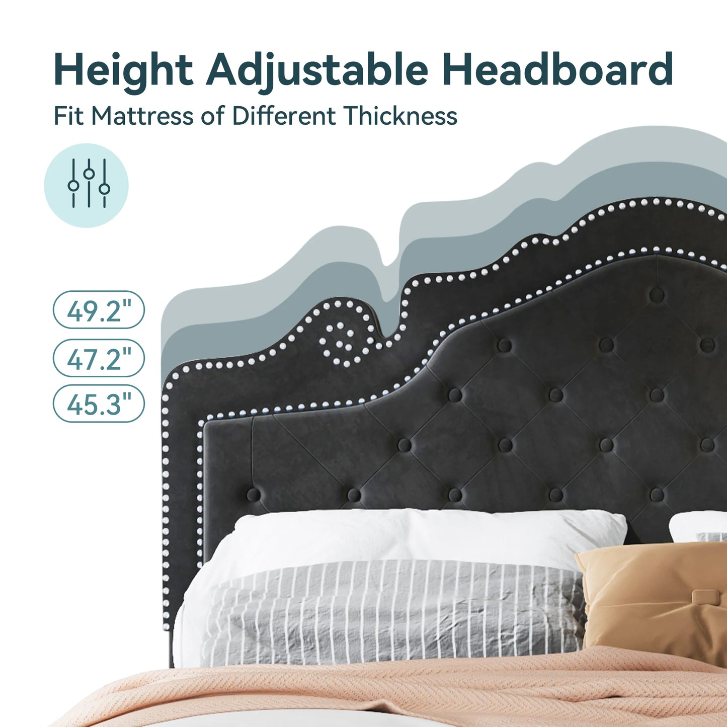 Velvet Upholstered Platform Bed with Adjustable Headboard