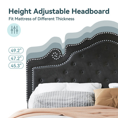 Velvet Upholstered Platform Bed with Adjustable Headboard
