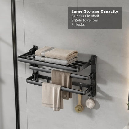 24-Inch Foldable Bathroom Towel Rack with Shelf, Dual Bars & 7 Hooks