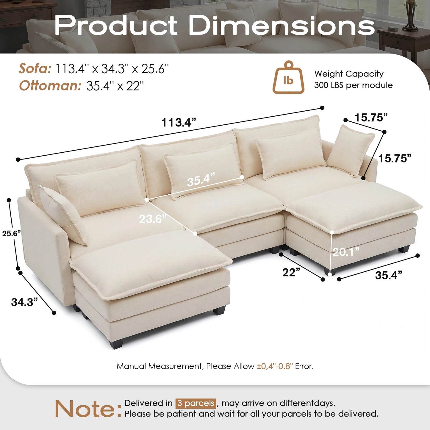 Modular Sectional Sofa with Ottoman Solid Wood Frame and Deep Seating