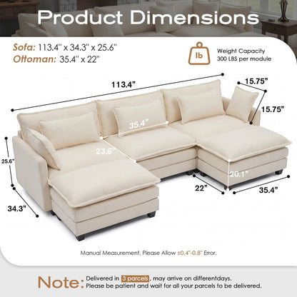 Modular Sectional Sofa with Ottoman Solid Wood Frame and Deep Seating