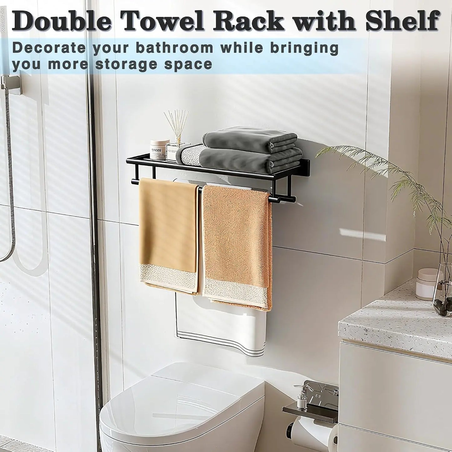 24-Inch Double Towel Rack with Shelf | Matte Black Bathroom Towel Holder
