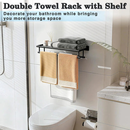 24-Inch Double Towel Rack with Shelf | Matte Black Bathroom Towel Holder