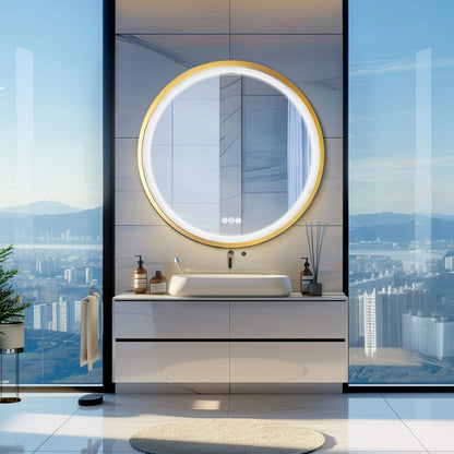 Gold-Framed Round Lighted Bathroom Mirror