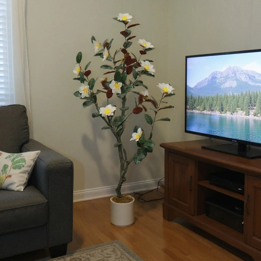 Artificial Magnolia Tree in Pot | Realistic Faux Flowering Plant for Home Décor