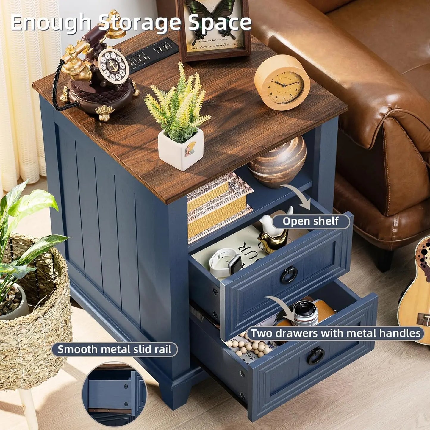 Farmhouse Style Night Stands, Set of 2, with Charging Stations
