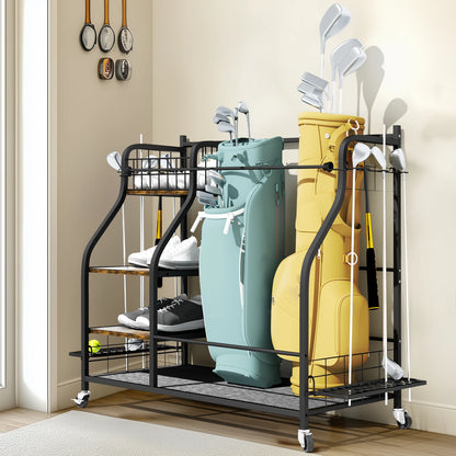 Multifunctional Metal Storage Shelf, Sports Equipment Organizer with Wheels