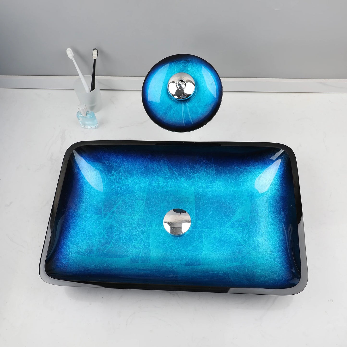 Tempered Glass Vessel Sink with Waterfall Black Faucet