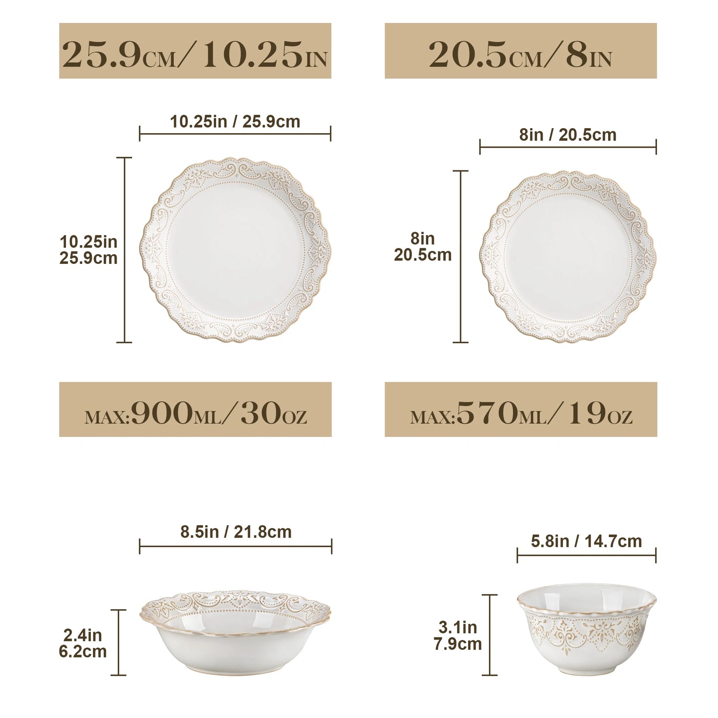 16-Piece Stoneware Dinnerware Set for 4 | Elegant Relief Design Plates & Bowls