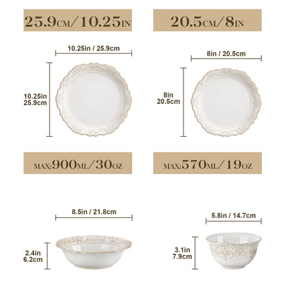 16-Piece Stoneware Dinnerware Set for 4 | Elegant Relief Design Plates & Bowls