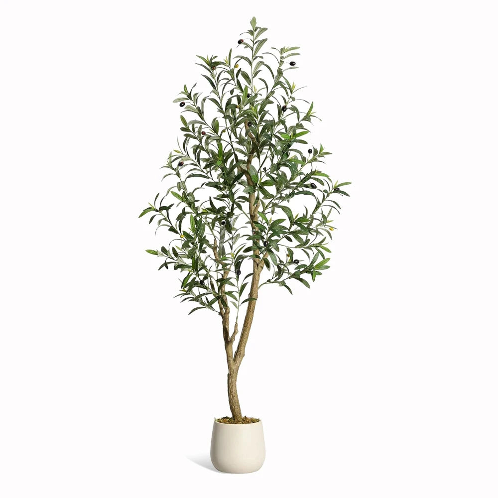 7-Foot Artificial Olive Tree with White Planter | Realistic Faux Silk Indoor Tree