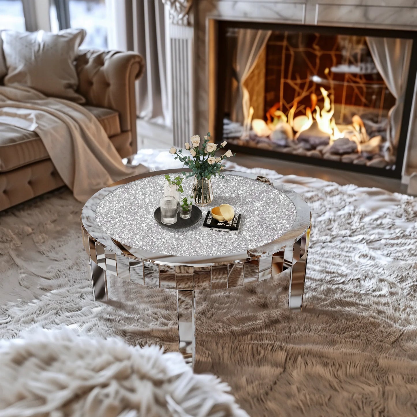 Silver Accent Table with Mirror Surface & Crystal Inlay