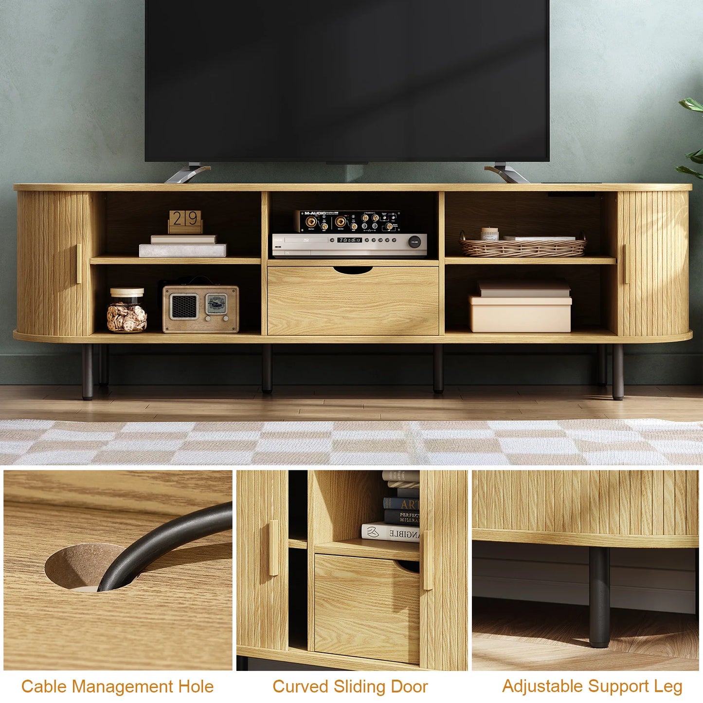Modern TV Stand with Power Outlet & Sliding Door Storage