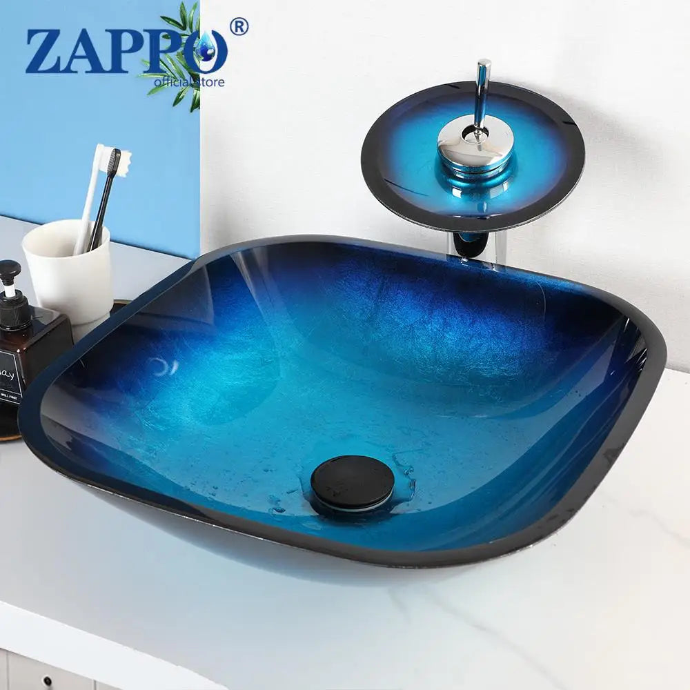 Tempered Glass Vessel Sink with Waterfall Black Faucet