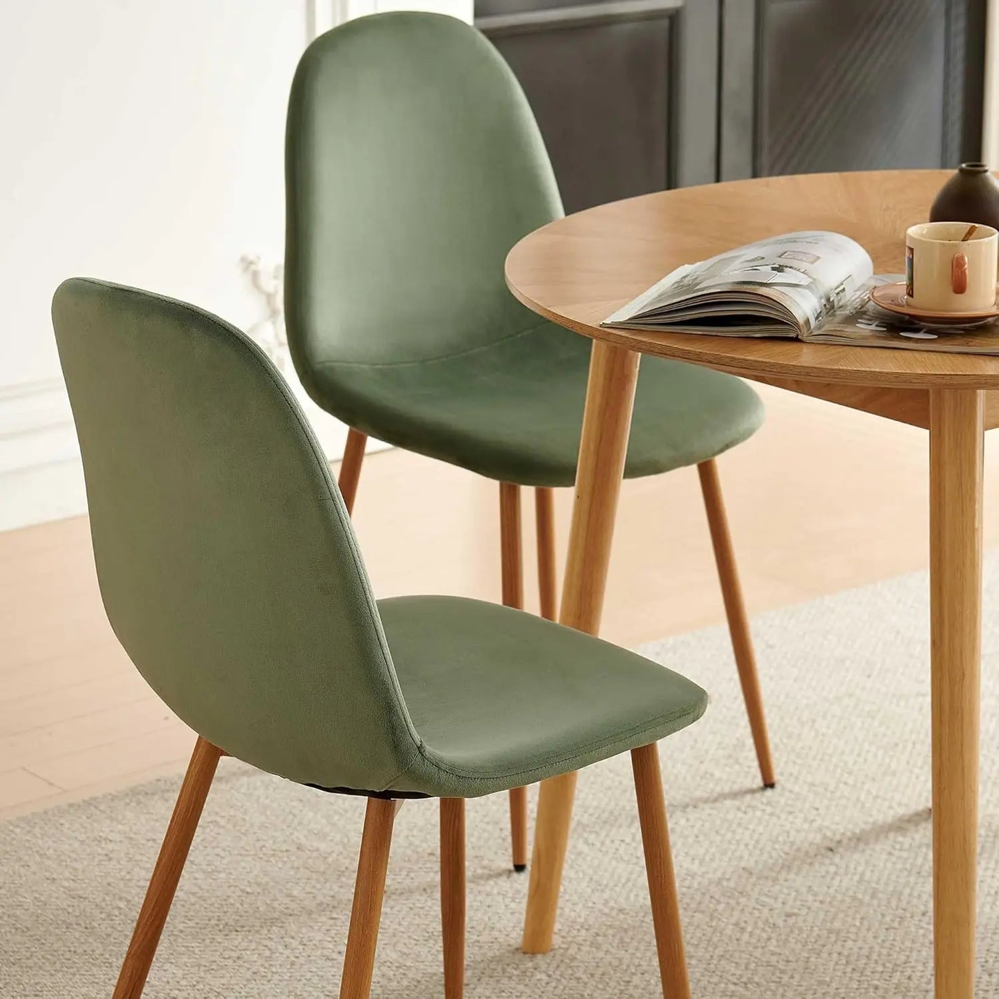Small Round Oak Dining Table with 4 Velvet Chairs