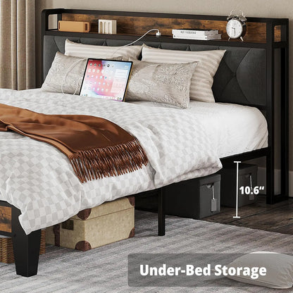 Sturdy & Stylish Bed Frame & Headboard with Power Strip