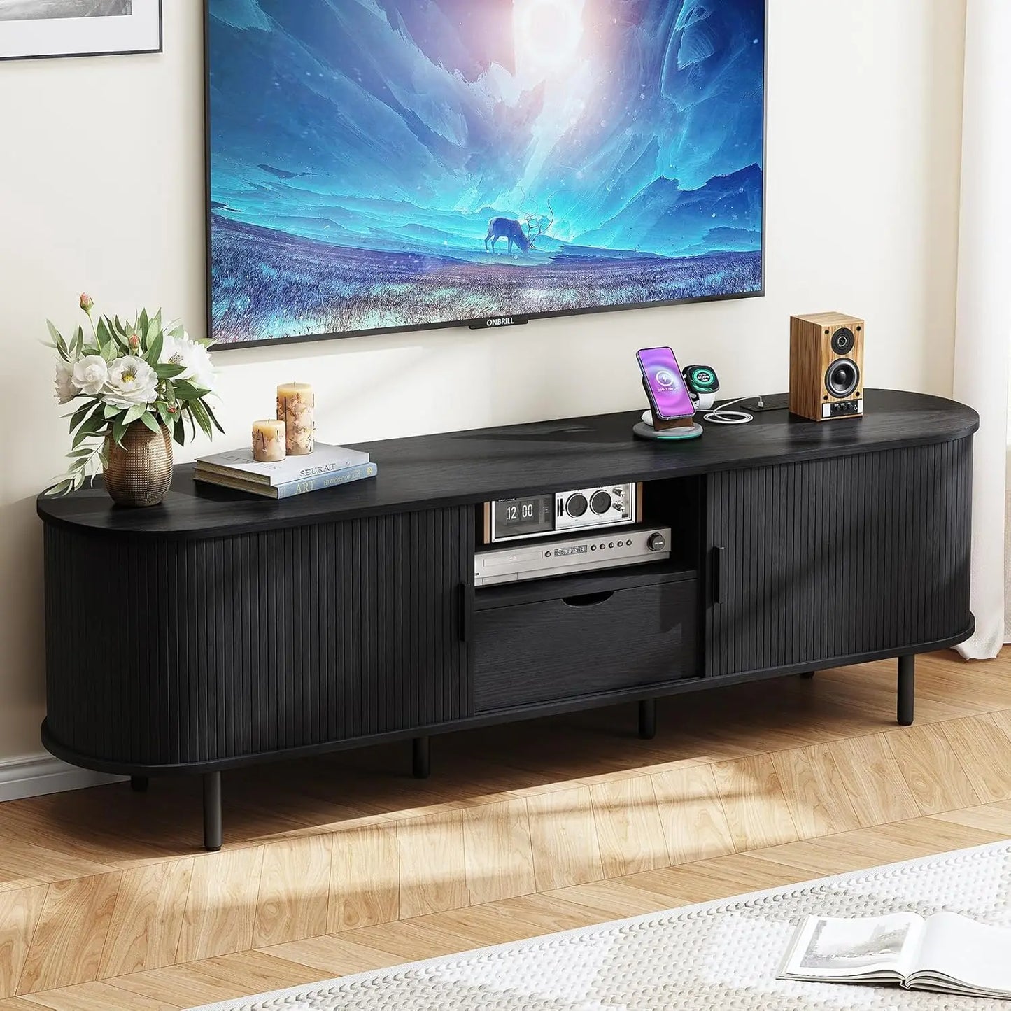 Modern TV Stand with Power Outlet & Sliding Door Storage
