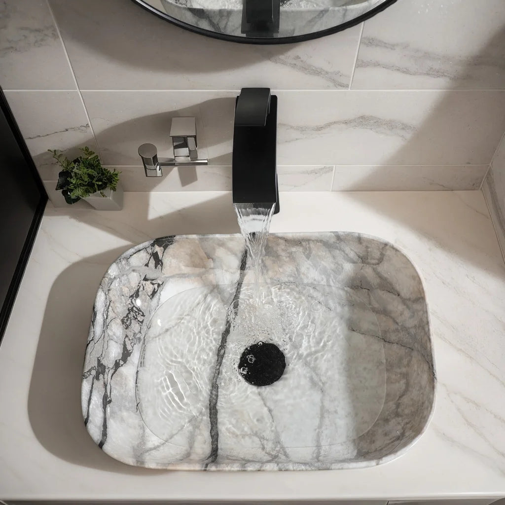 Marble Pattern Ceramic Bathroom Vessel Sink with Faucet