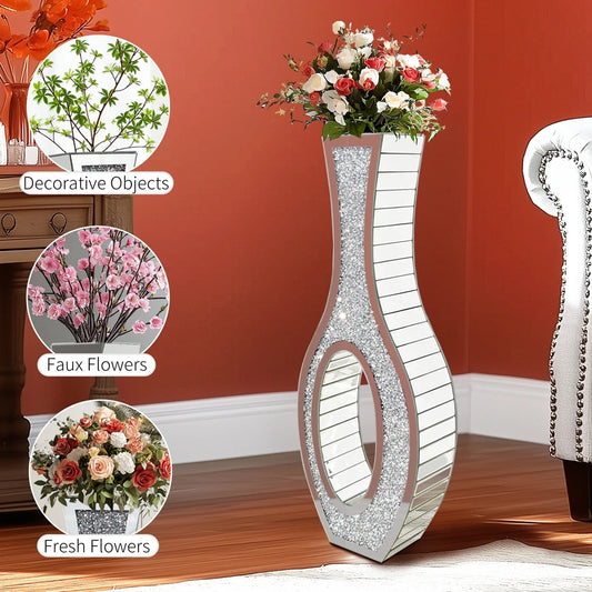 30" Tall Silver Mirrored Vase | Crushed Diamond Floor Vase for Dried Flowers & Grass