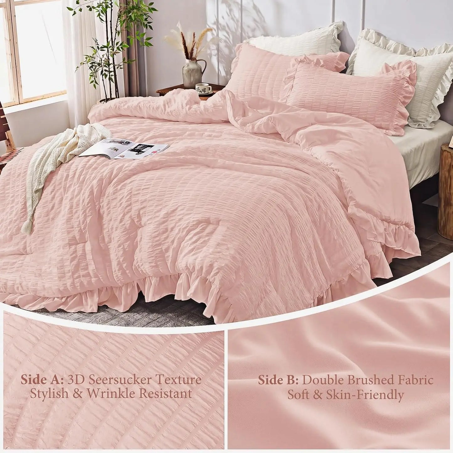 Rose Gold Seersucker Comforter Set | 3-Piece Ruffle Bedding Set Full Size
