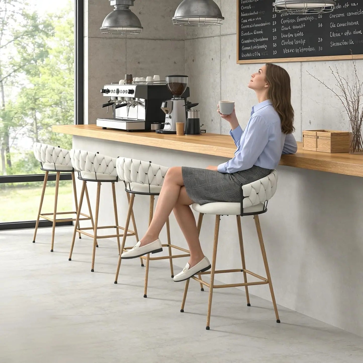 Modern Counter Height Bar Stools with Velvet Woven Backrest