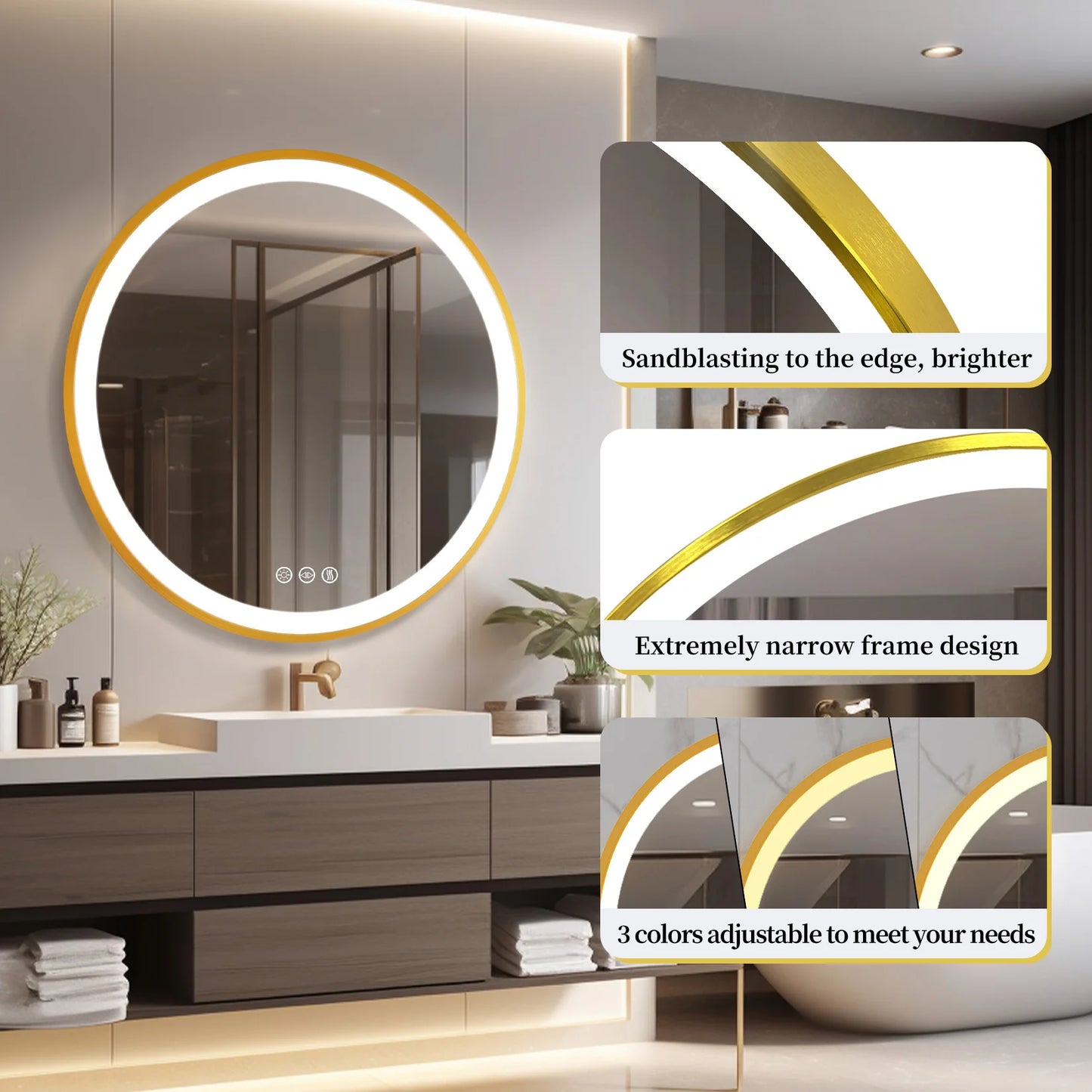 Gold-Framed Round Lighted Bathroom Mirror