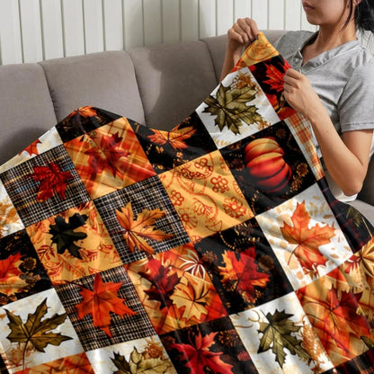 Fall Harvest Flannel Blanket | Pumpkin Maple Leaf Throw
