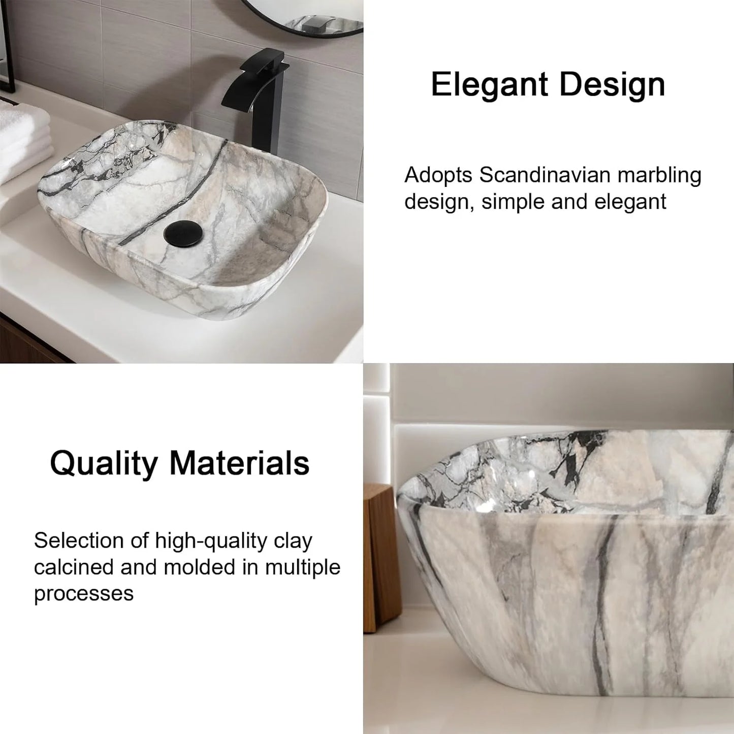 Marble Pattern Ceramic Bathroom Vessel Sink with Faucet