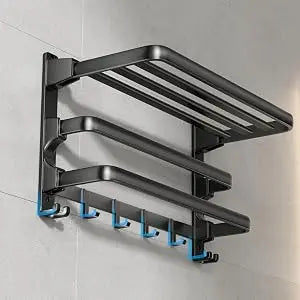 24-Inch Foldable Bathroom Towel Rack with Shelf, Dual Bars & 7 Hooks