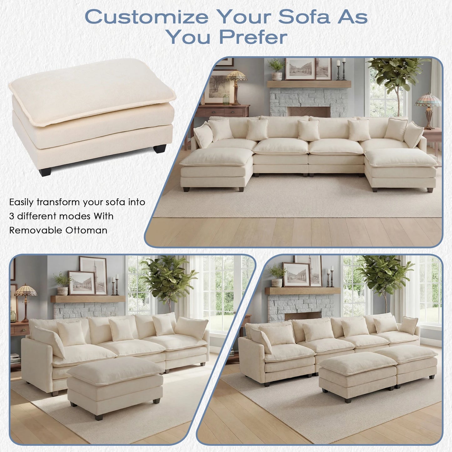 Modular Sectional Sofa with Ottoman Solid Wood Frame and Deep Seating